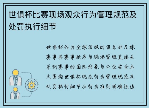 世俱杯比赛现场观众行为管理规范及处罚执行细节